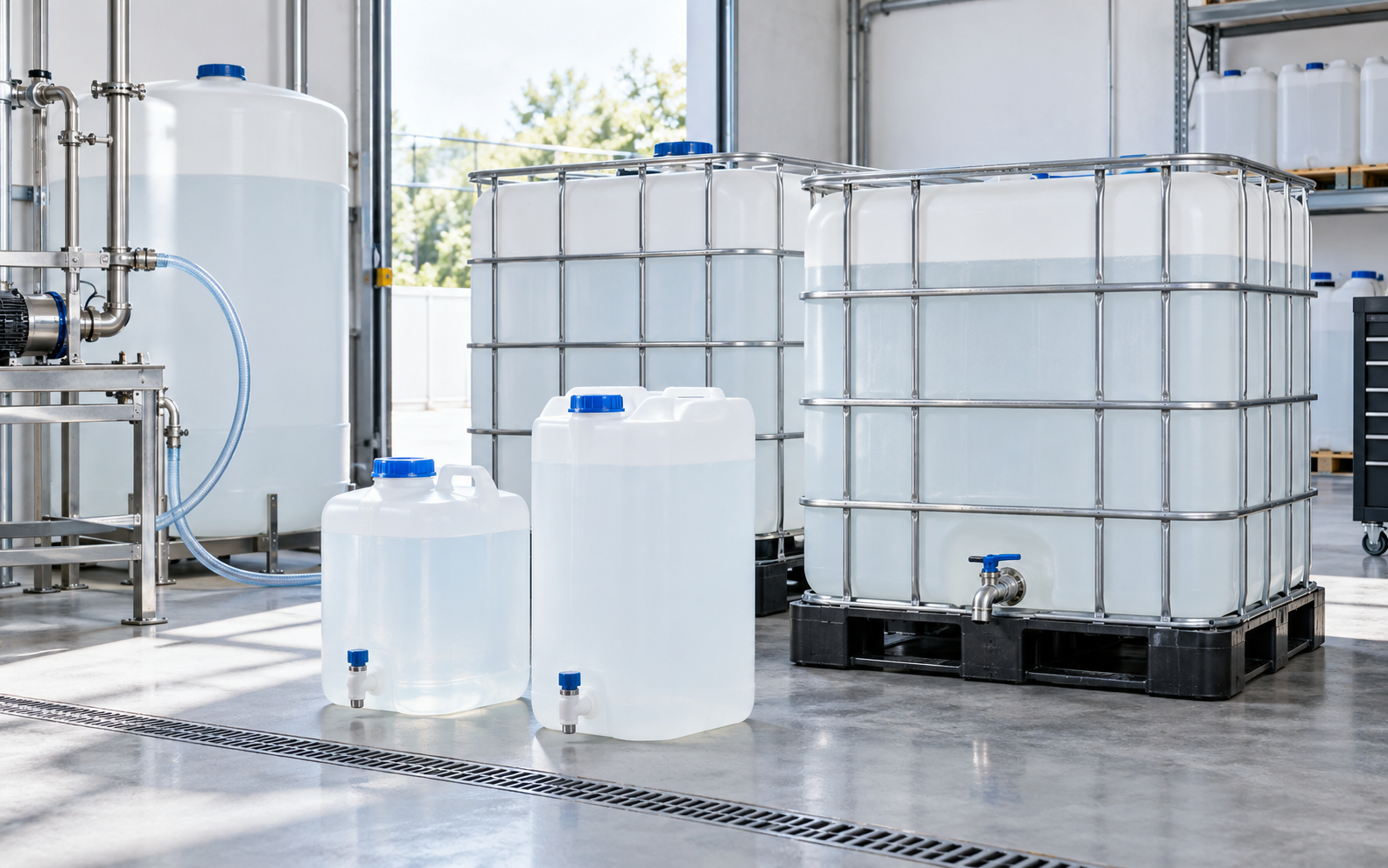 Große Gebinde mit destilliertem Wasser in einer hellen technischen Umgebung